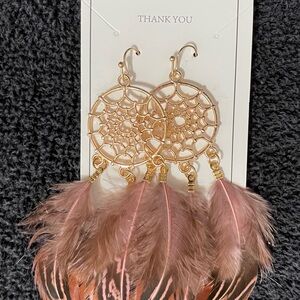 Gold Dreamcatcher Earrings with Pink Feathers
